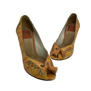 Goffredo Fantini Women Orange Leather Croc Print Peep Toe Tasseled Heel Pump 37